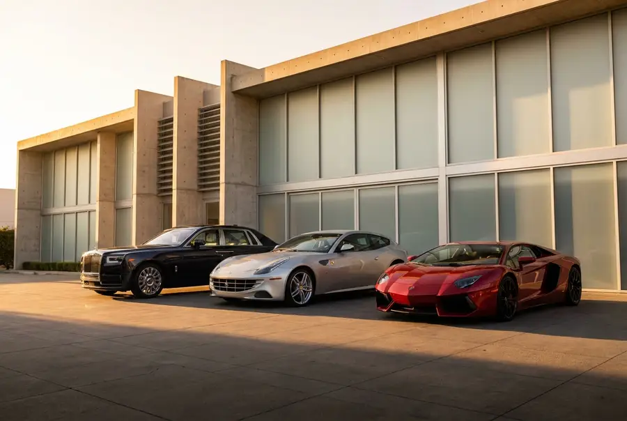 Lineup of luxury vehicles outside the facility at golden hour
