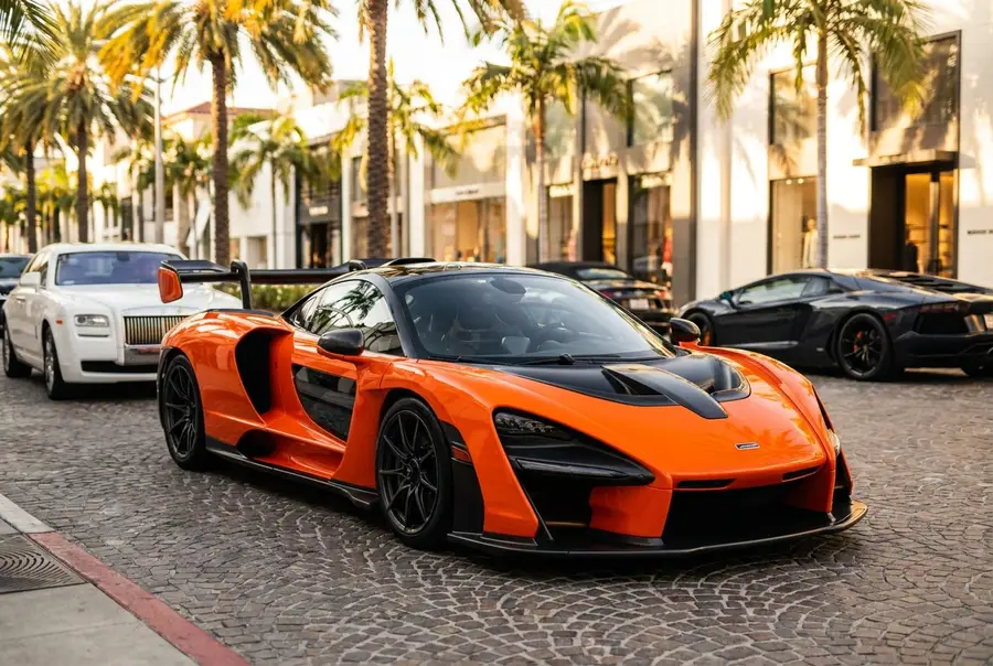 Orange luxury sports car on an upscale boulevard