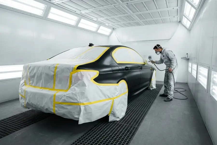 Luxury sedan masked for repair in the paint booth