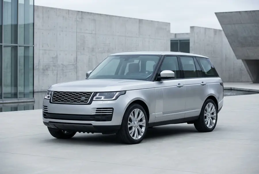 Silver luxury SUV with aluminium bodywork, front three-quarter view