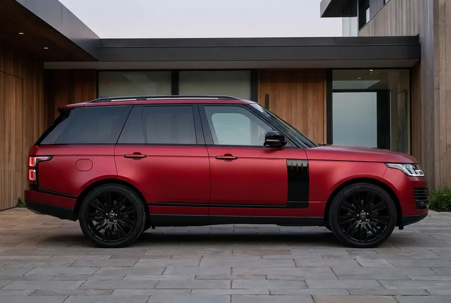 Satin red luxury SUV in side profile