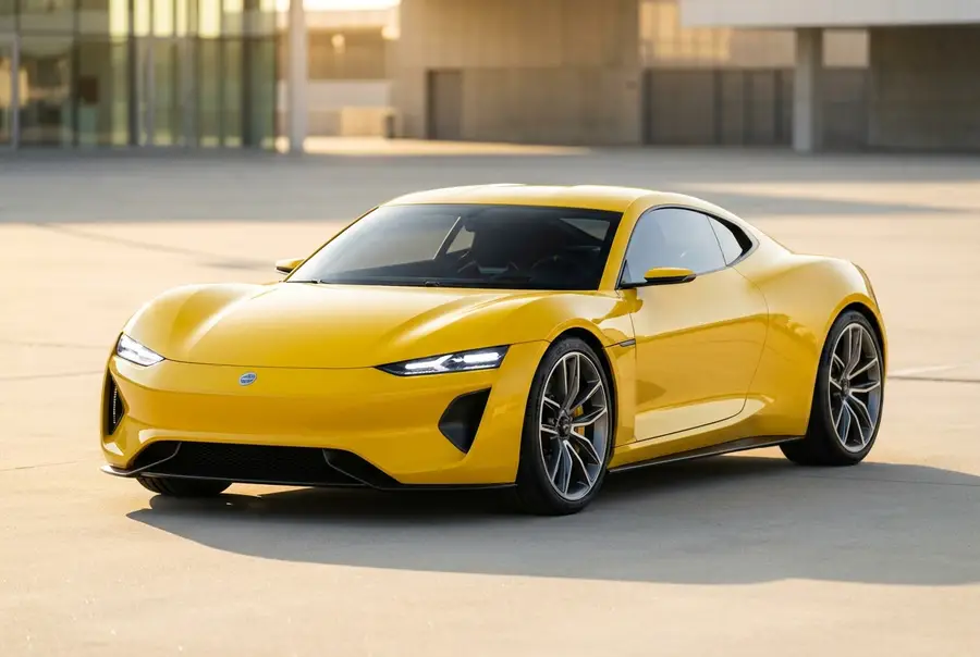 Yellow performance car, full front three-quarter view