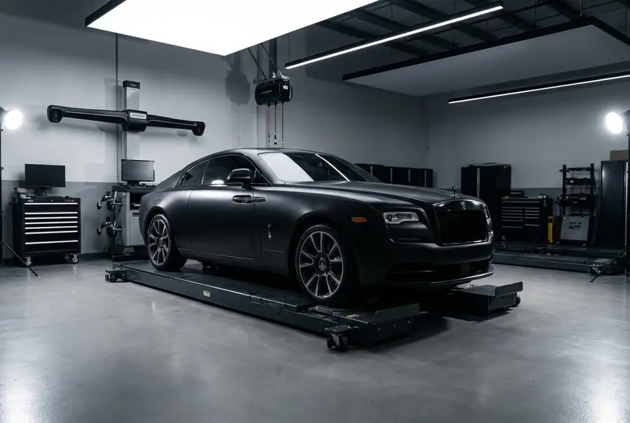 Matte black luxury coupe on an alignment lift